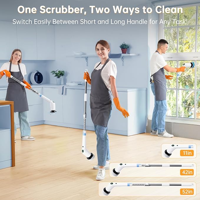 Electric Spin Scrubber, Cordless Shower Scrubber with 8 Scrub Brush, 2 Speed with Adjustable Extension Handle, Battery Level Display, Power Scrubber for Bathroom Bathtub Tile Floor, White