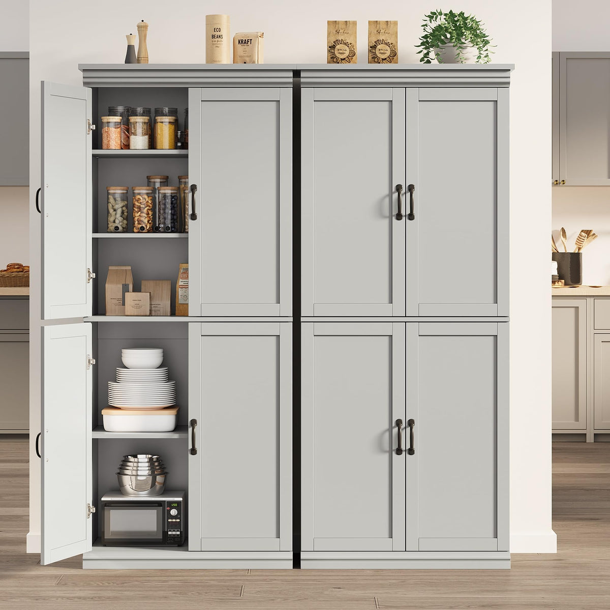 GarveeHome Pantry Cabinet, Freestanding Kitchen Pantry Storage Cabinet,70 in Cupboard, Tall Storage Cabinet with Doors and Adjustable Shelves, for Bathroom, Dining Room, Living Room, Gray