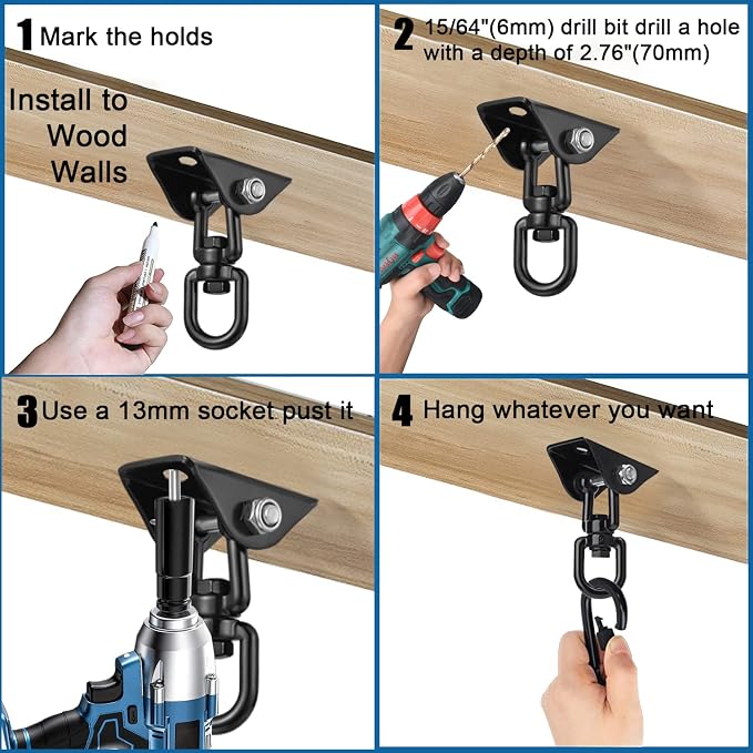 2-Pack Hammock Hanging Kit, 360-Degree Swivel Heavy-Duty Swing Hooks, Supports 1200 lbs, Stainless Steel Swing Hardware for Hammocks, Playgrounds, Yoga, Chairs & Heavy Bag. Installs on Concrete/Wood.