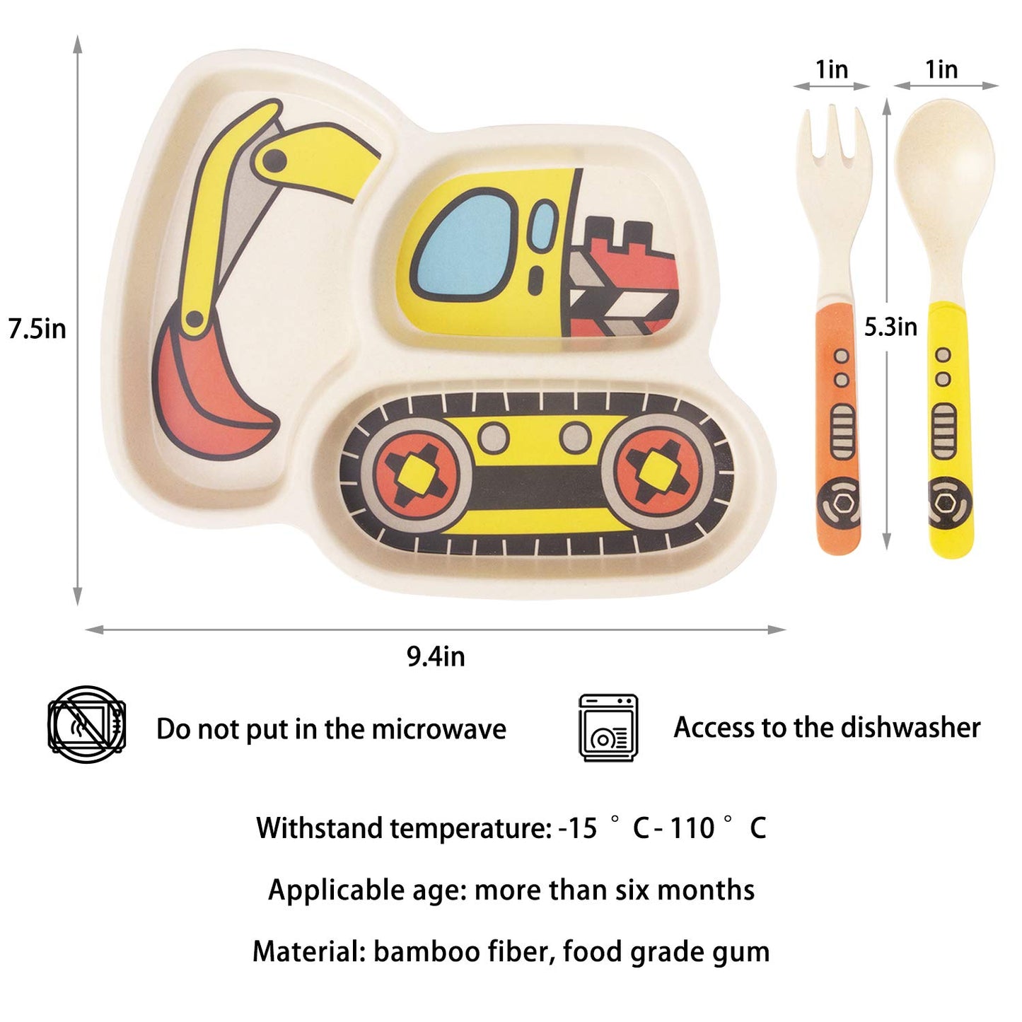 Kid Plate Set Bamboo Toddler Plates Dinnerware Dinner Dish Set Baby Feeding Spill Proof Divided Plate - Baby Spoon and fork 3-Piece Set for Kids and Toddlers (excavator/bulldozer)
