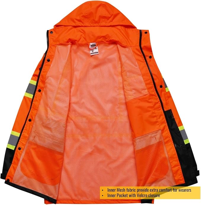 JKSafety Hi-Vis Reflective Safety Rain Jacket for Men Women Waterproof Rain Gears for Farming Fishing Work HV Rain Jacket with Inner Mesh Lining and Pockets (117A-OBlk 3XL)