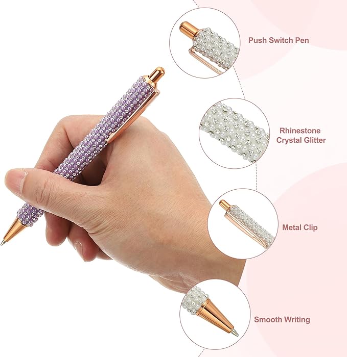 PATIKIL Rhinestone Metal Ballpoint Pen, 4 Pack Crystal Pearl Pens Black Ink 1.0mm Point Sparkly for Women Gift Office Note Taking Journaling, White