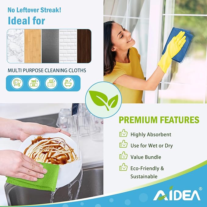 AIDEA Microfiber Cleaning Cloth 100PK, Soft Absorbent Rags, Microfiber Towels for Cars, Kitchen Towels, Dusting Cloth for Home, Window, Cleaning Supplies,12"×12"