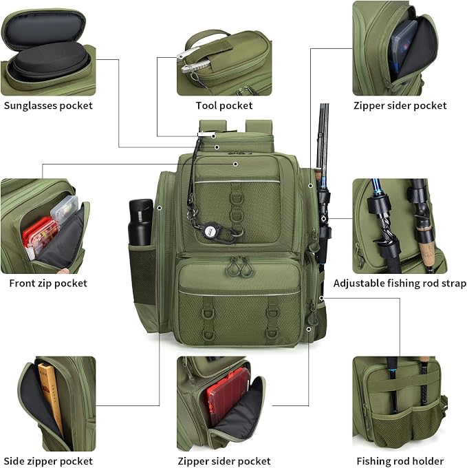 WANOON Fishing Backpack with 4 Tackle Boxes,45L Large Storage Fishing Bag for Men.Rod Holders