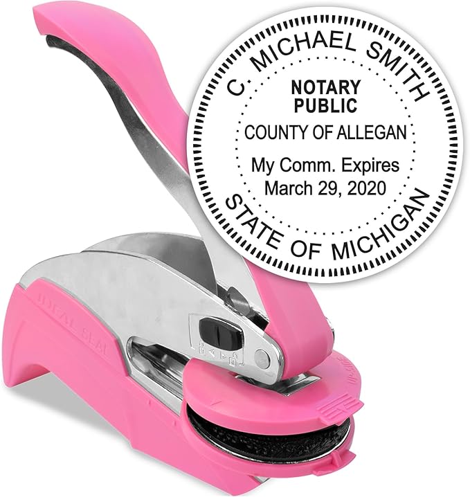MaxMark Notary Seal Round Pink Embosser for Michigan State - Includes Gold Burst Seal Labels (50 Count)