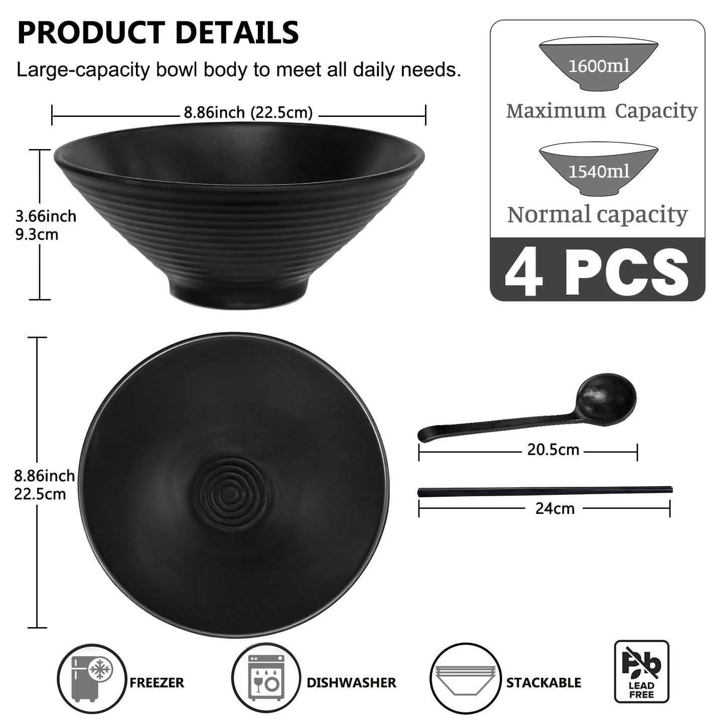 Greentainer 54oz Ramen Bowl Set of 4, Melamine Large Japanese Style Noodle Soup Bowls Set with Spoons and Chopsticks for Udon, Pho, Noodles, Pasta, 10" Asian Dishes Black Large Bowl | Dishwasher Safe