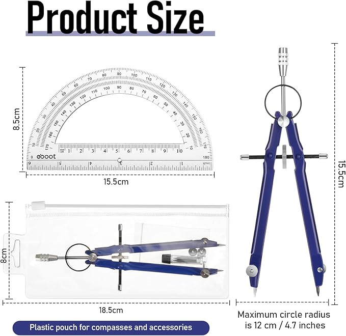 EBOOT Student Geometry Math Set, Drawing Compass and 6 Inch Clear Swing Arm Protractors 180 Degree Math Protractor (Blue)