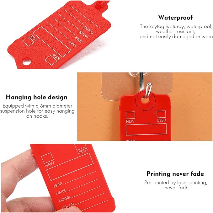 100 Car Key Tags with Labels Plastic Car Dealership Key Tags Self Locking Automotive Identifiers Blank Shop Labels with One Pen (Red)