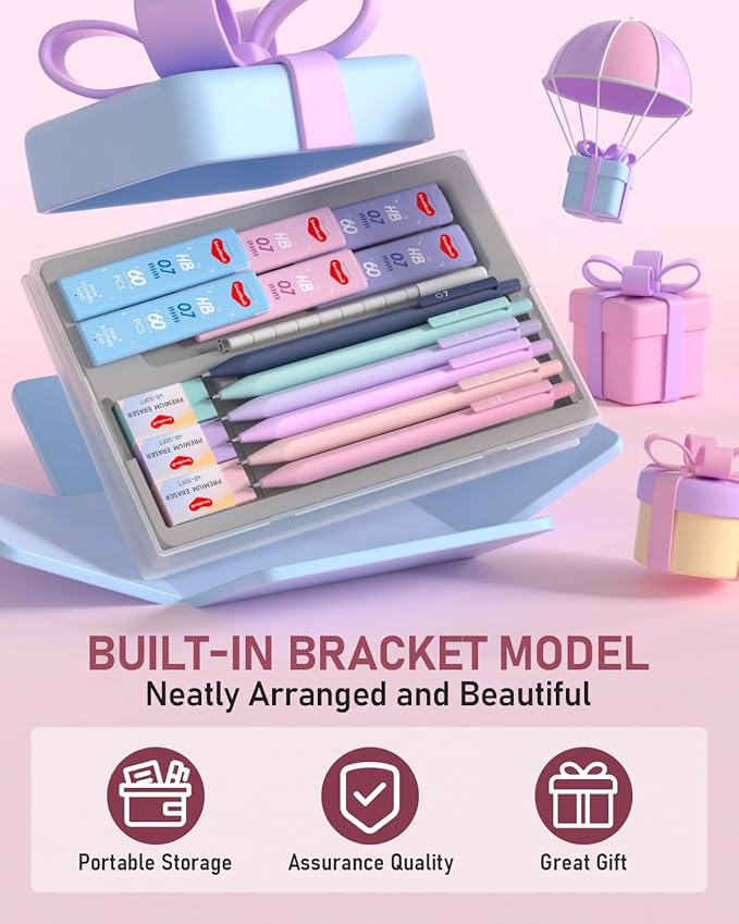 6PCS 0.7mm Mechanical Pencils Set with Case, Cute Pastel Mechanical Pencil with 240PCS HB Lead Refills, 3 Erasers, Aesthetic Back to School Supplies for Student Writing Drawing Sketching