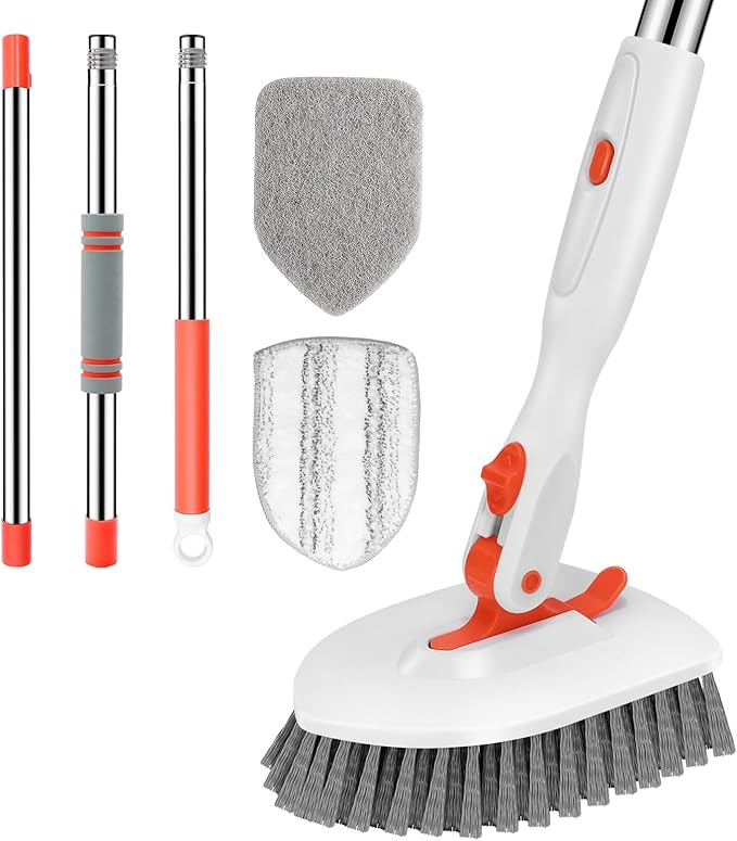 SetSail Floor Scrub Brush, 3-In-1 Tile Tub Floor Scrubber with 52-inch Adjustable Long Handle Shower Cleaner and 3 Detachable Replacement Brush Heads for Cleaning Bathroom Kitchen Walls Tub Tile