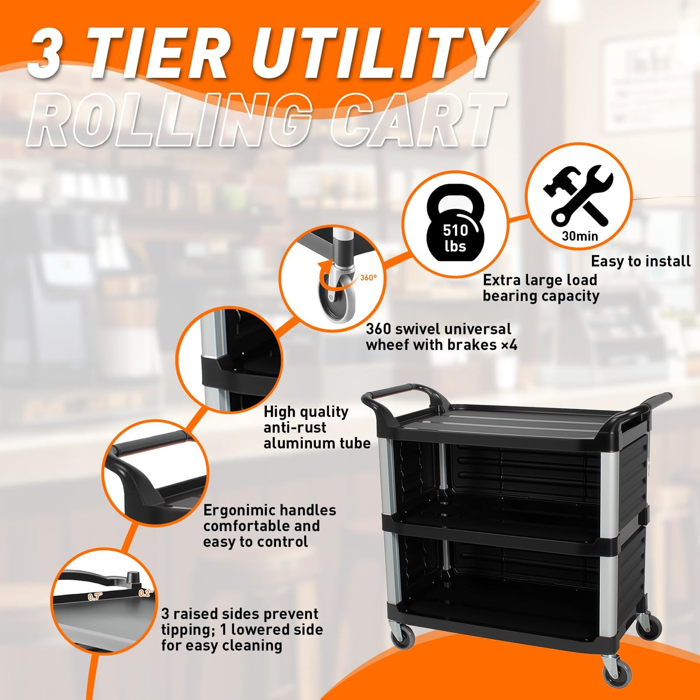 3-Tier Heavy-Duty Metal Service Utility Carts,Storage Mobile Kitchen Cart with Handle & Lockable Wheels,Portable Rolling Cart for Home Hotel Restaurant Garage Kitchen Office Organization