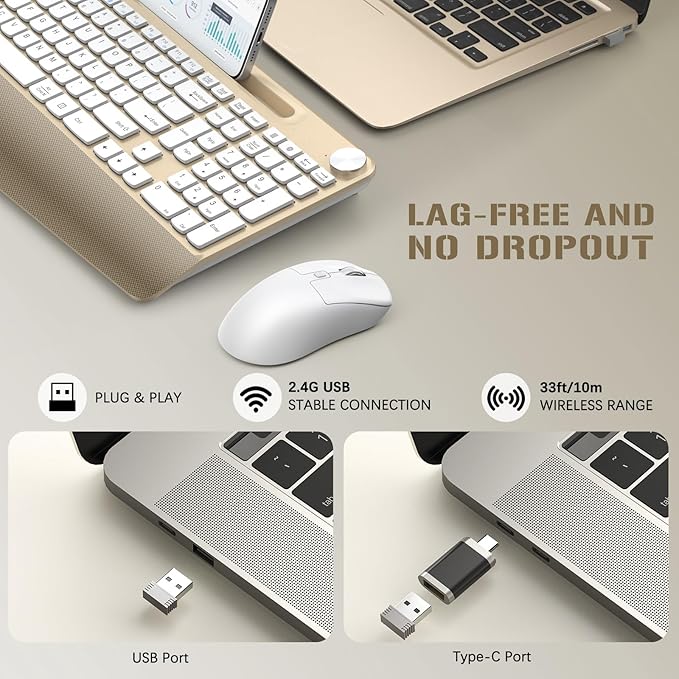 Ergonomic Wireless Keyboard and Mouse with Wrist Rest，Phone Holder - 2.4GHz Full-Sized Low-Profile Quiet Gold Wireless Mouse and Keyboard Combo for Computer, Laptop, PC, Mac-Gold