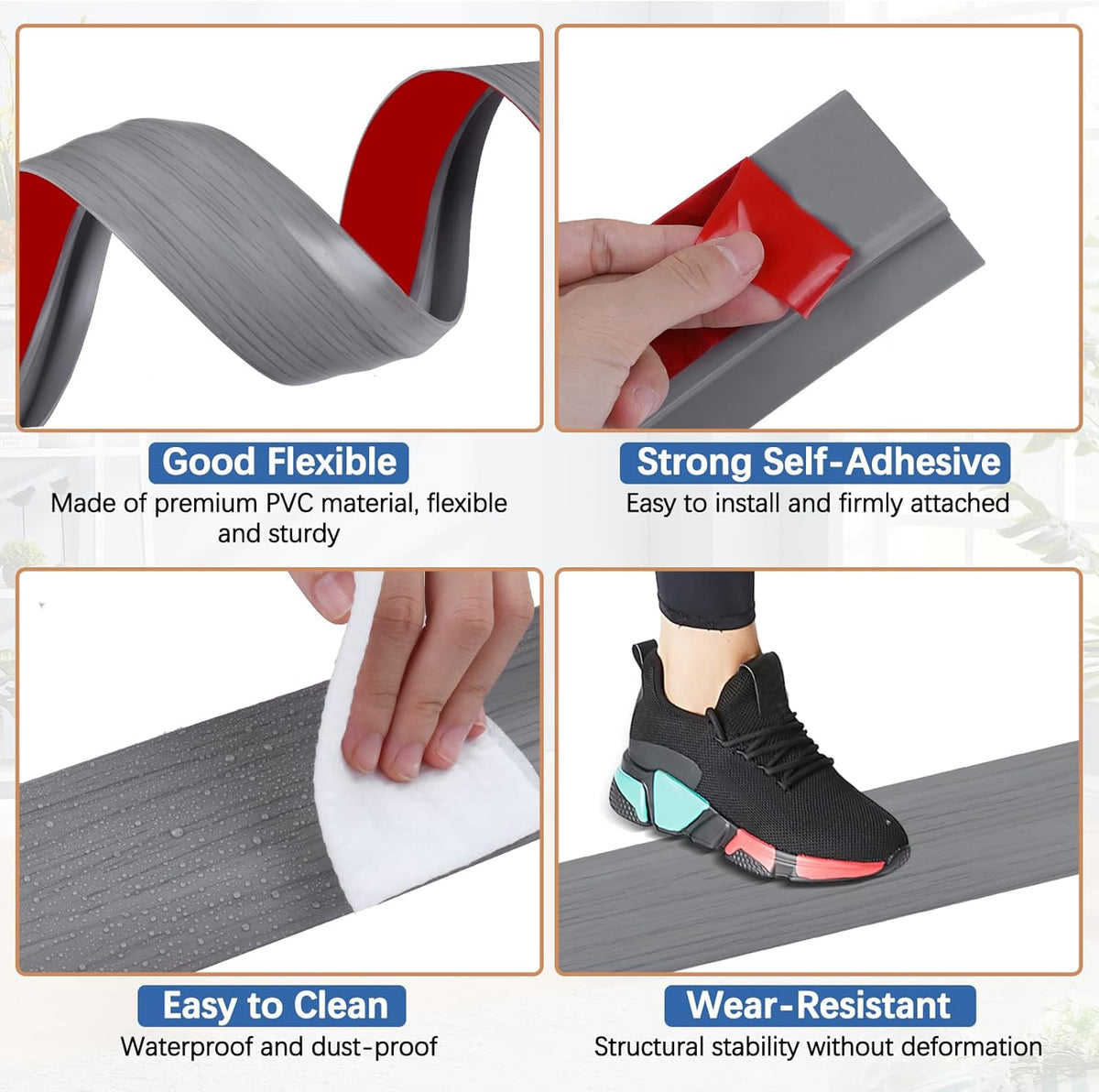 Vinyl Door Threshold Flooring Transition Strip Self Adhesive Carpet Edging Strip for Laminate Doorway Edge Threshold from 3/5" to 4/5" (Light Gray Wood Grain, 6.6 Ft)