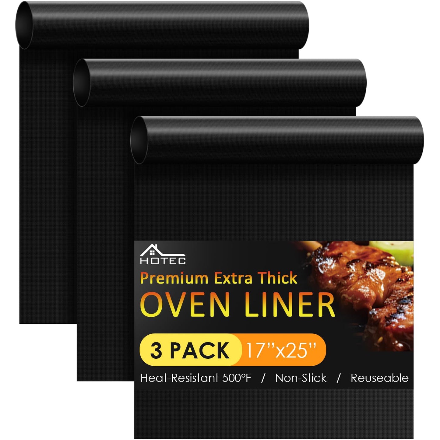 HOTEC 3 Pack Heavy Duty Oven Liners for Bottom of Oven, 17"x25" Large Heat Resistant 500°F Non-Stick Oven Mats, BPA & PFOA Free Dishwasher Safe, Compatible with Electric/Gas/Toaster Ovens & Grill