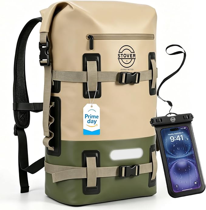 STOVER 40L Waterproof Dry Backpack & Phone Case - X-Large Floating Dry Bag for Kayaking, Travel, Hiking, Fishing, Camping, Motorcycles & Beach, Heavy-Duty Roll Top Men/Women (Tan/Army Green/Brown)