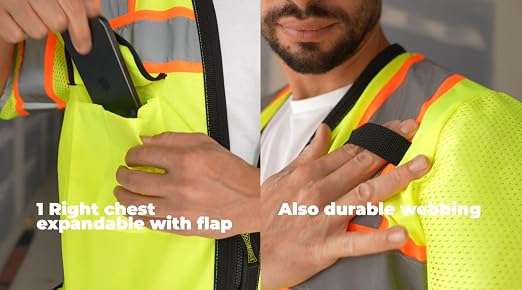 OccuNomix LUX-HDS2T3-Y4X Heavy Duty Solid/Mesh Two-Tone Surveyor Vest with Zipper, 8 Pockets, Class 3, 100% ANSI Polyester, 4X-Large, Yellow (High Visibility)