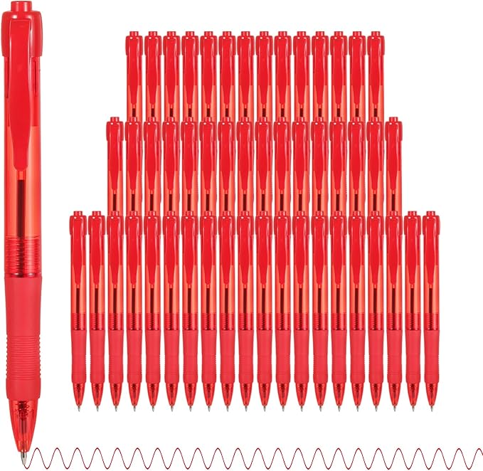 deegtran Pens Bulk, 50 Pack No Bleed Red Ink Click Pens with Soft Grip, Wholesale Retractable Ballpoint Pens for Office School, Medium Point Smooth 1.0MM
