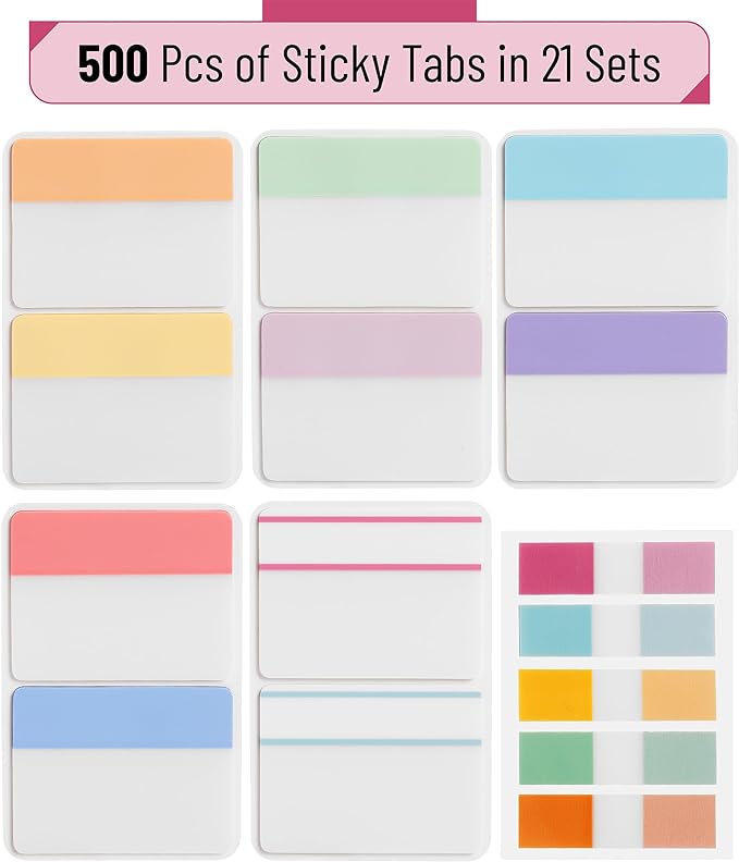 Mr. Pen- Sticky Index Tabs, 500 Pcs, 21 Sets, Colorful Sticky Tabs for Notebooks, Page Markers, Page Tabs for Binders, Page Tabs Sticky Tabs for Books, Notebook Tabs, Back to School Supplies