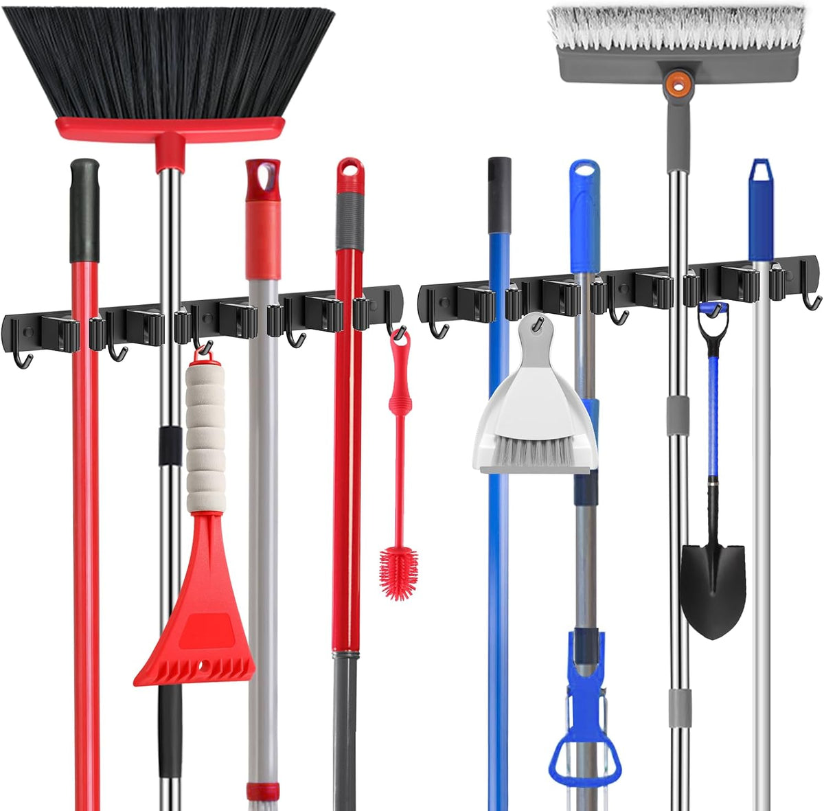 nacena Broom holder Wall Mount, 2-Pack Black Stainless Steel Self-Adhesive Mop and Broom Hooks Heavy Duty Broom and Mop Storage Rack laundry room organization for Kitchen Garden garage