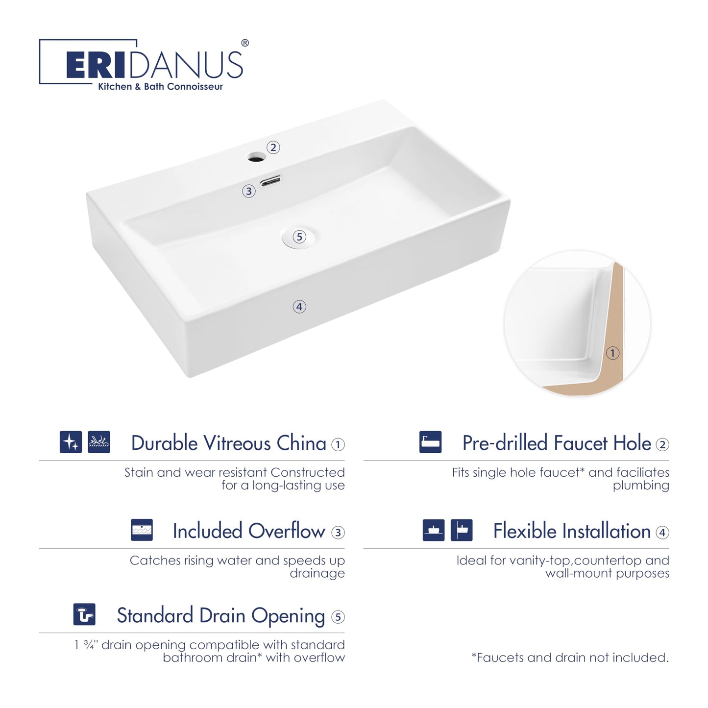 Eridanus Bathroom Sink 30" x 16" Rectangular Vessel Sink, Wall Mount Above Counter Vanity Sink, Premium Ceramic White Art Basin with Overflow, Lavatory Trough Floating Washbasin