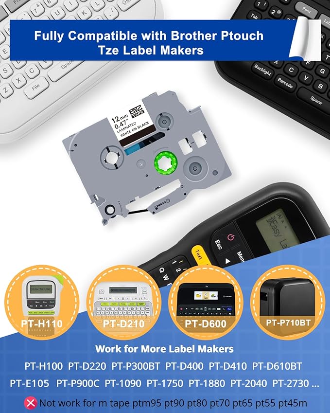 BOYEEZON Label Maker Tape 12mm 0.47 Black Replacement for Brother P Touch Label Tape TZe-335 TZ TZe 12mm 0.47 Laminated White on Black for Brother PTD210 PTD400 PTD410 PTD600, 4 Packs