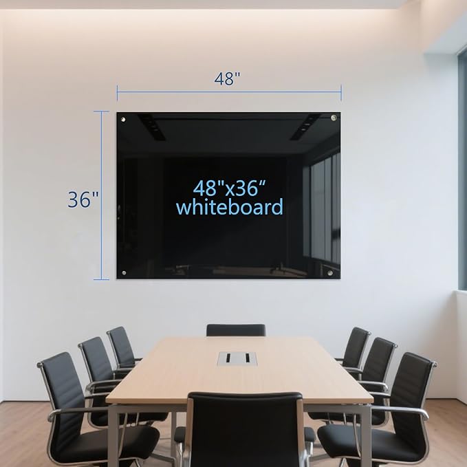 KIZZBY Black Glass Dry Erase Board - Magnetic Blackboard for Wall, 48"x36" Large Frameless Black Whiteboard for Office, Home & School