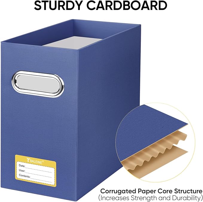 BALEINE File Organizer Box, Cardboard File Folder Organizer with Handle for Letter Size, Portable Collapsible Hanging Filing Box for Home Office Document Storage (4 Pack, Navy)