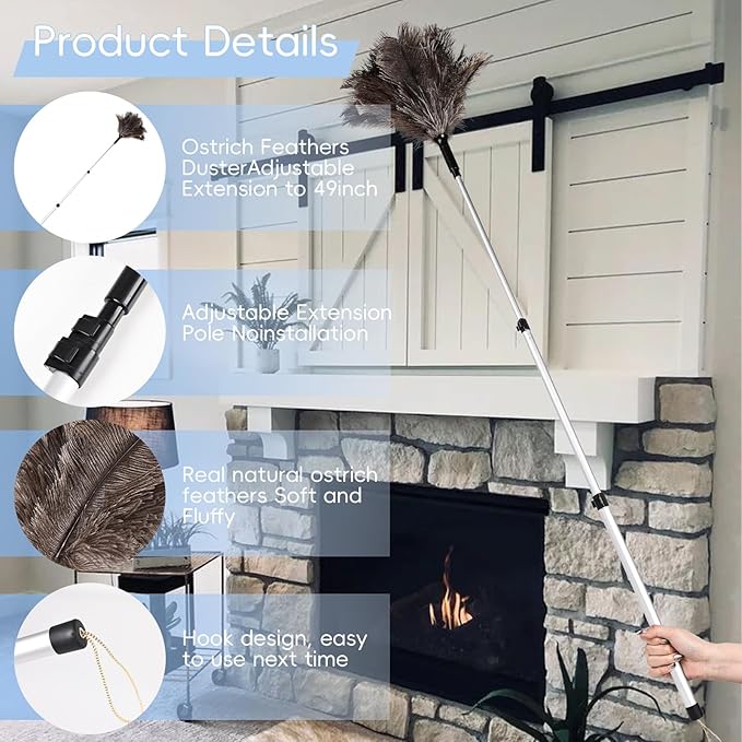 THARAHT Extendable Ostrich Feather Duster up to 25-49 inches Fluffy Feathers Long Handle Reusable for Cleaning Ceiling Fan Pendant lamp High Ceiling Blinds Furniture Feather Duster