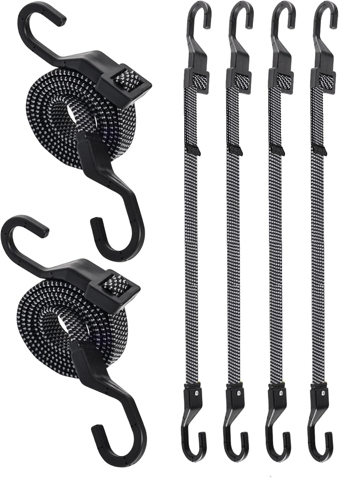 6 Pcs 32 Inch Flat Adjustable Bungee Cords with Hooks, 3X Faster to Adjust The Length, Lucky Straps Black Heavy Duty Bungee Straps for Cargo, Bike, Cart, Tent, Truck, Camping, Outdoor, etc