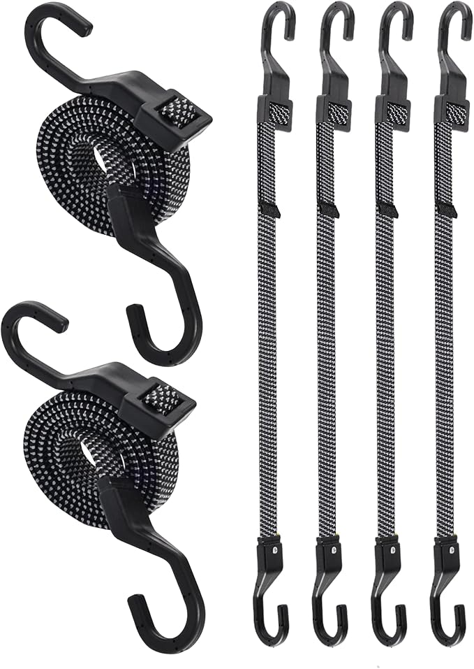 6 Pcs 24 Inch Flat Adjustable Bungee Cords with Hooks, 3X Faster to Adjust The Length, Lucky Straps Black Heavy Duty Bungee Straps for Cargo, Bike, Cart, Tent, Truck, Camping, Outdoor, etc