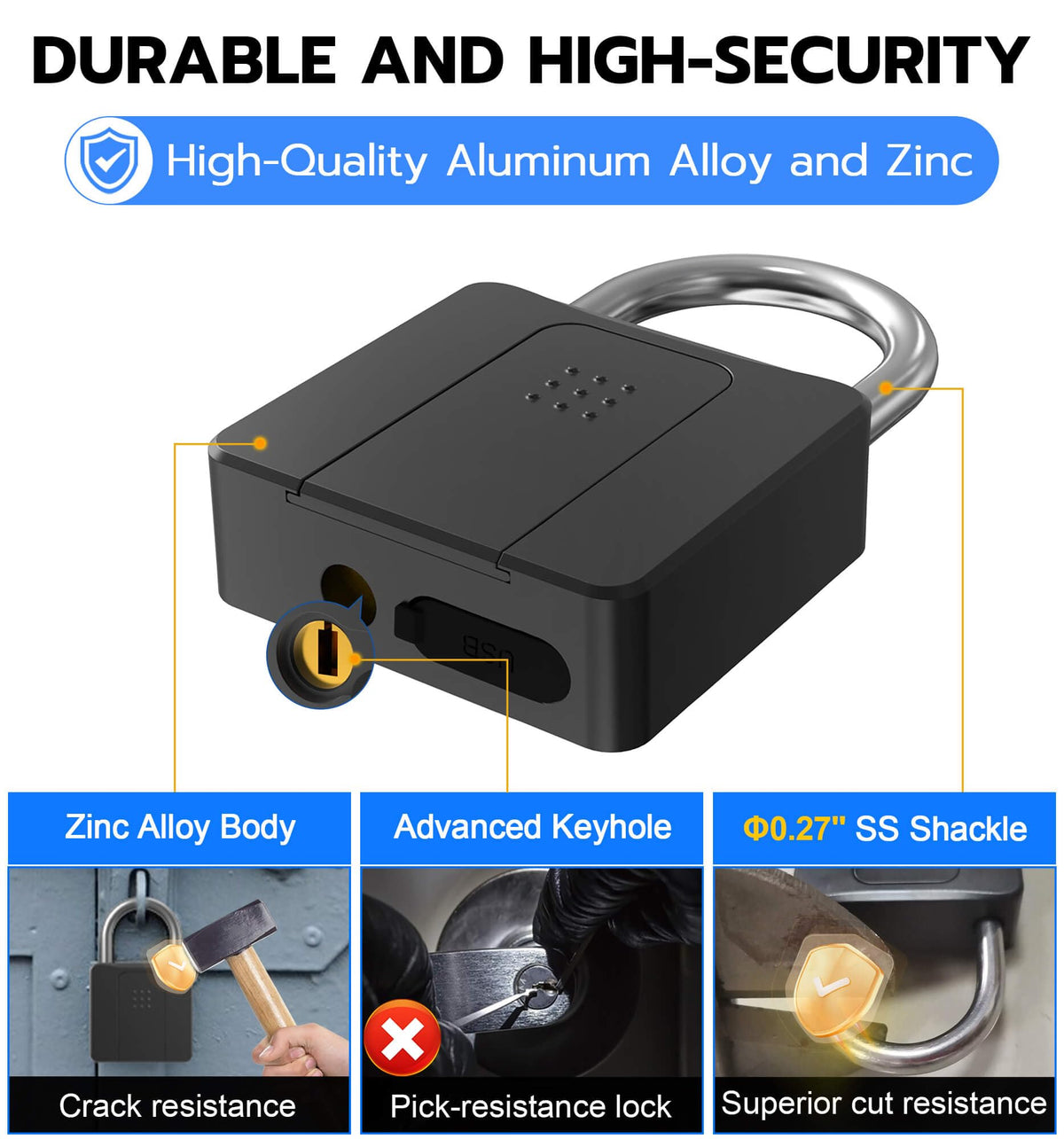 Fingerprint Padlock with Key Backup, Anweller Weatherproof Biometric Bluetooth App Controlled Keyless Smart Electronic Combination Lock for Outdoor Fence Gate Pool Shed Gym Locker Yard Truck