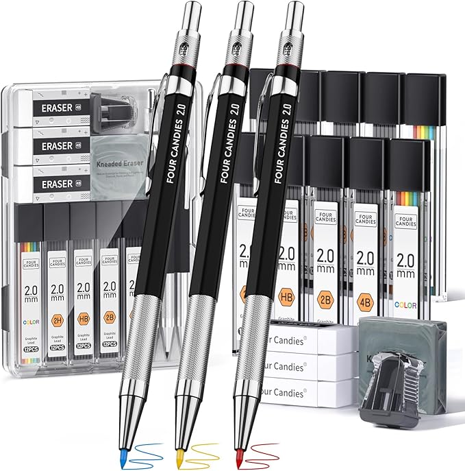 Four Candies 3PCS 2MM Mechanical Drawing Pencils with Case, Metal Art Lead Pencil with 120 Graphite Lead Refills (HB 2H 2B 4B Color), Kneaded Eraser, Sharpener, for Drafting, Drawing, Sketching