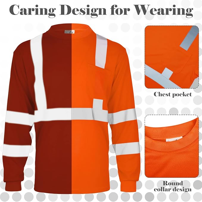 Amylove 4 Pcs Long Sleeve Safety Shirt High Visibility Reflective Construction Work Shirts for Men Women(XL,Orange)