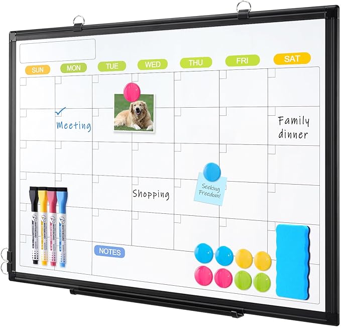 Dry Erase Calendar Whiteboard for Wall, WALGLASS 36" x 24" Magnetic White Board, Monthly Dry Erase Calendar with Silver Aluminum Frame, Double-Sided Hanging Portable Board for Office, Home, School