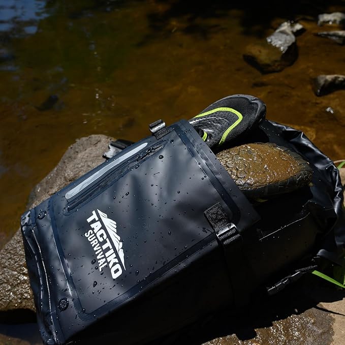 Tactiko Survival 30L Heavy-Duty 100% Waterproof Backpack - Equipment Pocket, Carabiner - Roll Top Floating Dry Bags (Jet Black)