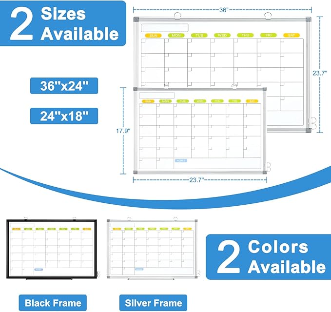 Dry Erase Calendar Whiteboard for Wall, WALGLASS 24" x 18" Magnetic White Board, Monthly Dry Erase Calendar with Silver Aluminum Frame, Double-Sided Hanging Portable Board for Office, Home, School