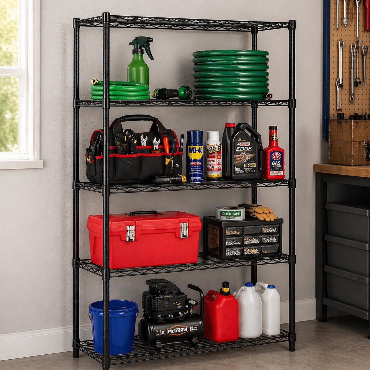 Honey-Can-Do 5-Tier Heavy-Duty Adjustable Shelves, Metal Storage Rack with 200-lb Shelf Capacity, Black, 14" W x 36" L x 72" H