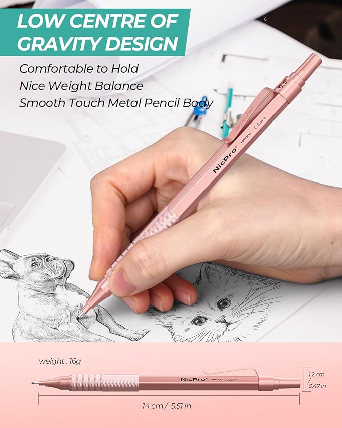 Nicpro 0.5 mm Metal Mechanical Pencil Set, 3PCS MP1000 Artist Lead Pencils With 480PCS HB 2B Lead Refills, Erasers, Aesthetic School Supplies for Girls & Women Teacher Writing Drawing Sketching
