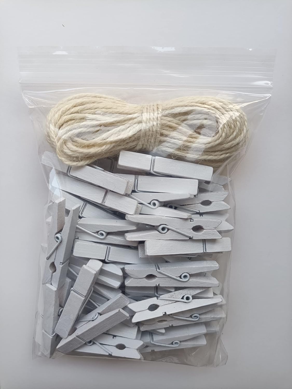 1.9 Inch White Small Clothes Pins Paper Picture School Work Holders Baby Shower Clothing Line Clips with Twine Pack 50