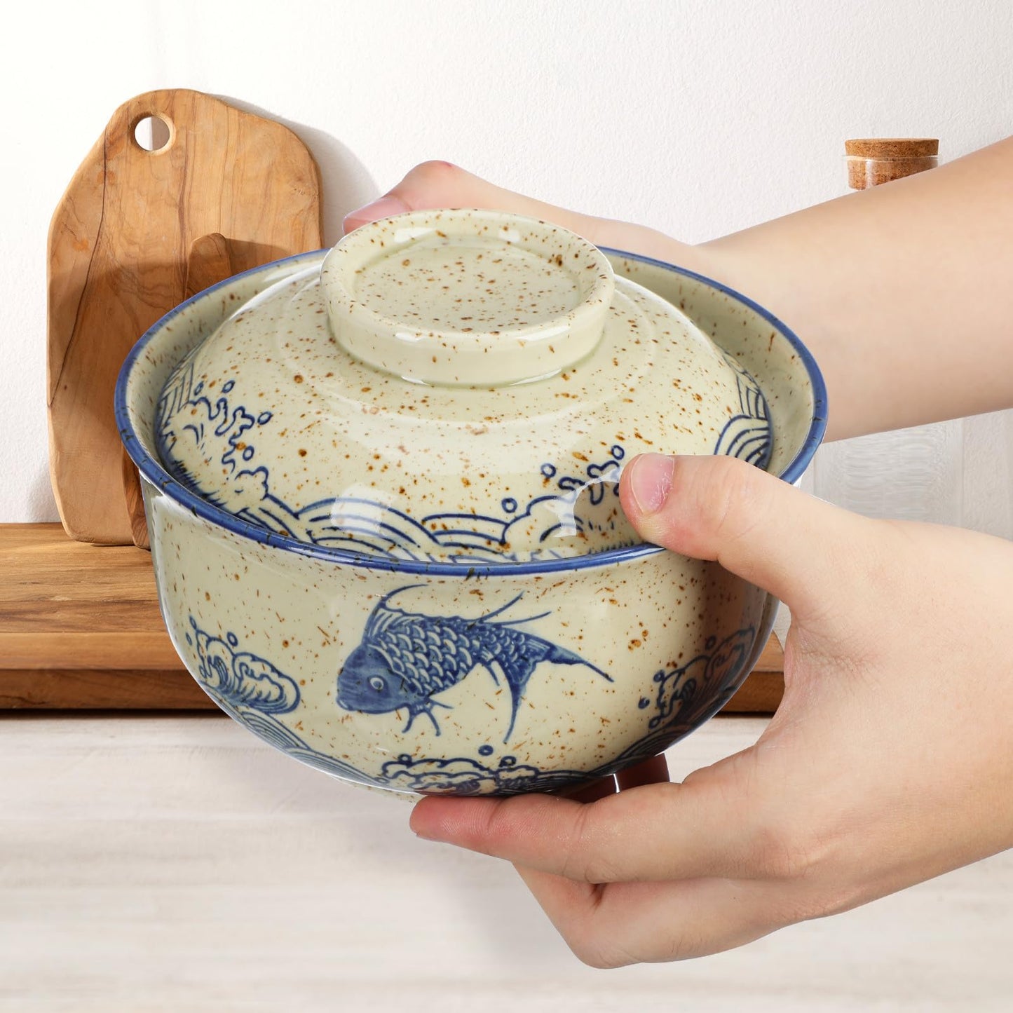 Cabilock 2 Pieces Ceramic Ramen Bowls, 25 Oz Large Soup Bowl with Lid, Spoon Chopstick Japanese Tableware for Noodles, Salad, Rice, Microwave Dishwasher Korean Clay Pot - Fish