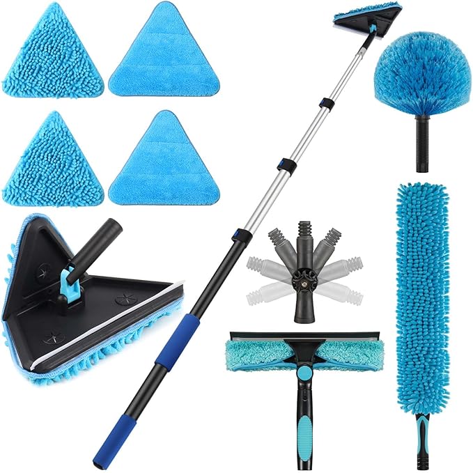 25 Feet High Ceilings Baseboard Wall Cleaner Mop with 18 Ft Extension Pole, Cobweb Duster, Window Cleaning Squeegee Kit (18ft)