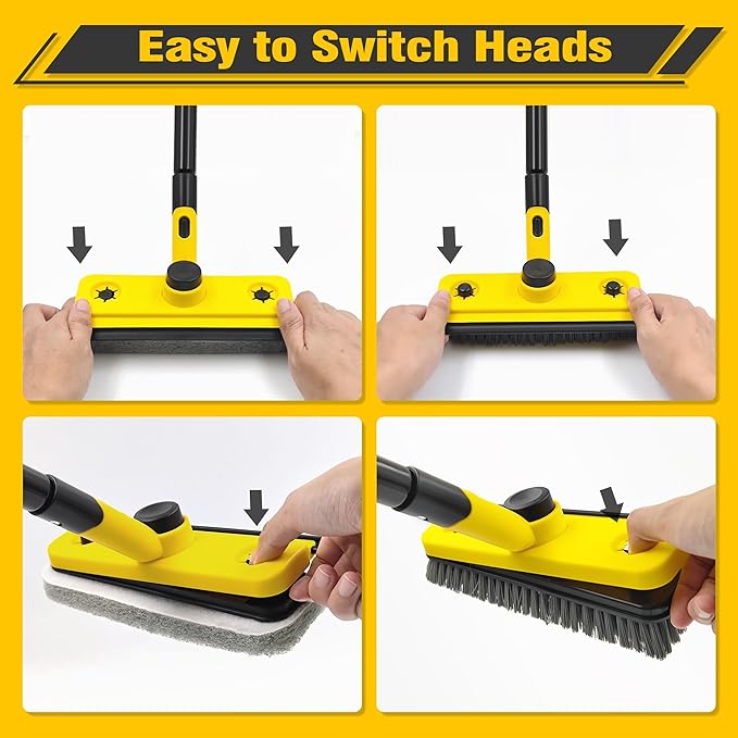JEHONN Shower Cleaning Brush, 53.5 inches Long Handle Scrubbing Brush, 3-in-1 Bathroom Tub Tile Scrubber Mop with Squeegee for Bathtub Sink Tile Floor Wall Glass Deck (Yellow)