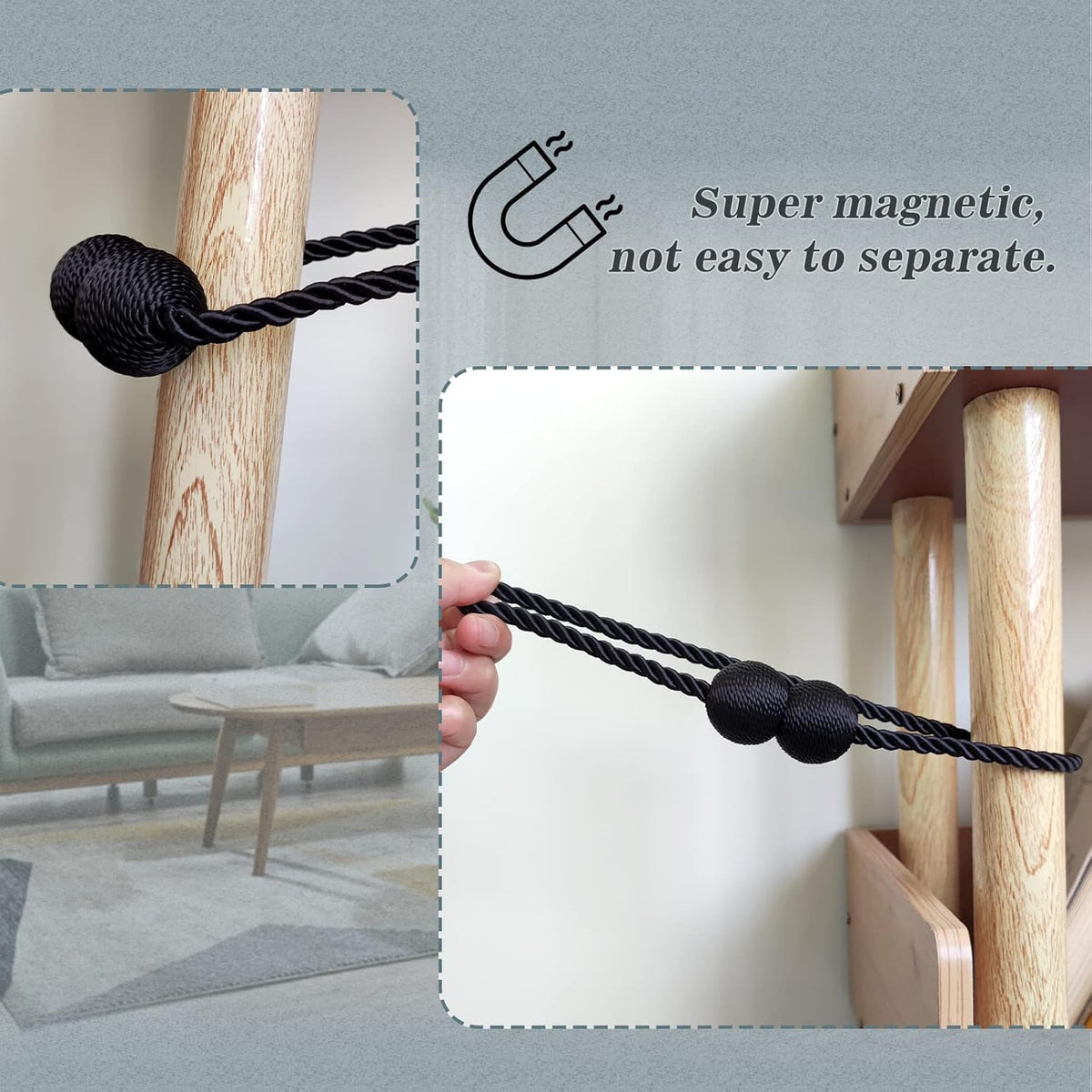 Hion Magnetic Curtain Tiebacks 4 Pack, Nickel-plated Metal and Polyester, Black
