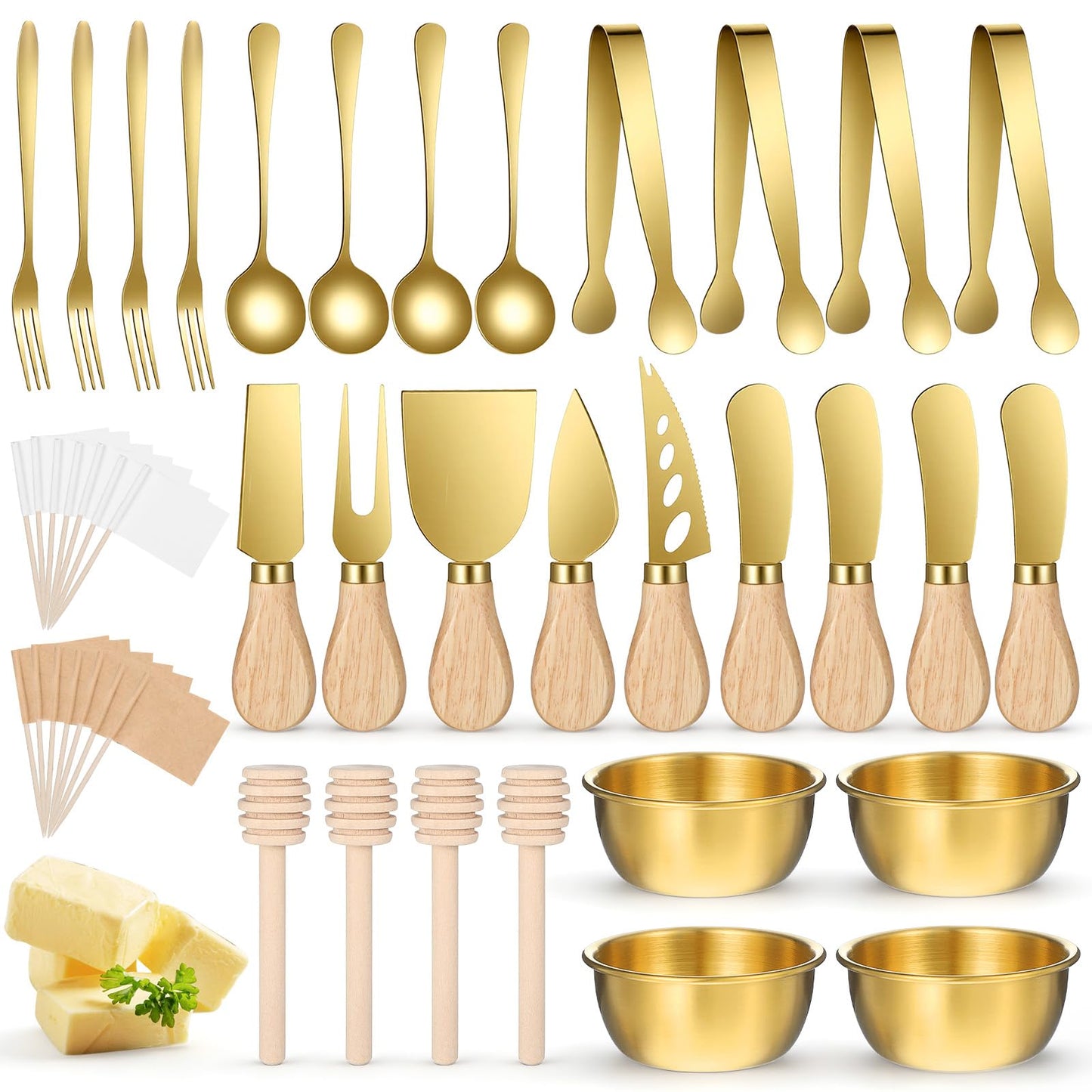 73Pcs Charcuterie Boards Accessories Gold Charcuterie Utensils Set, Cheese Butter Spreader Knife Set Small Serving Tongs Spoons Forks and Dipping Bowls Honey Dippers Toothpick Flags for Wedding Party
