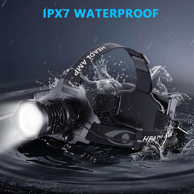 AMAKER LED Rechargeable Headlamp, High Lumens Super Bright with 5 Modes & IPX7 Level Waterproof USB Rechargeable Zoom Headlamp, 90° Adjustable for Outdoor Camping, Running, Cycling, Climbing