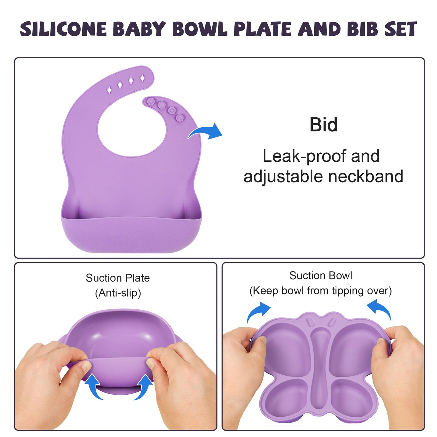 MIICASA Silicone Baby Feeding Set, Baby Led Weaning Supplies, Silicone Suction Butterfly Plate, Bowl, Spoons, Fork and Waterproof Bib & Cloth Bib, Eating Utensils Baby Feeding Essentials (Purple)