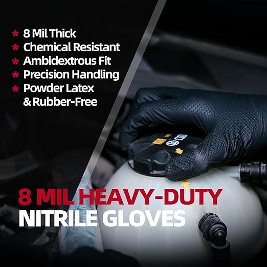Jointown Basic Heavy Duty Nitrile Gloves, Mechanic Gloves 8 Mil Nitrile Disposable, with Raised Diamond Texture, Case of 100, Black, Large