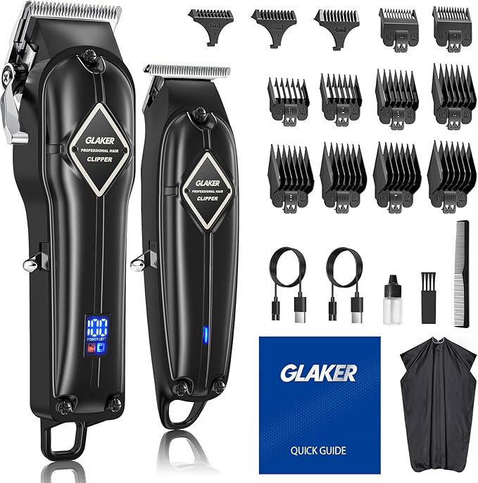 GLAKER Hair Clippers for Men Professional - Cordless Clippers and Trimmers Set, Complete Barber Kit for Hair Trimming & Beard Grooming, Mens Haircutting Kits for Blending & Fade Cuts (Black)