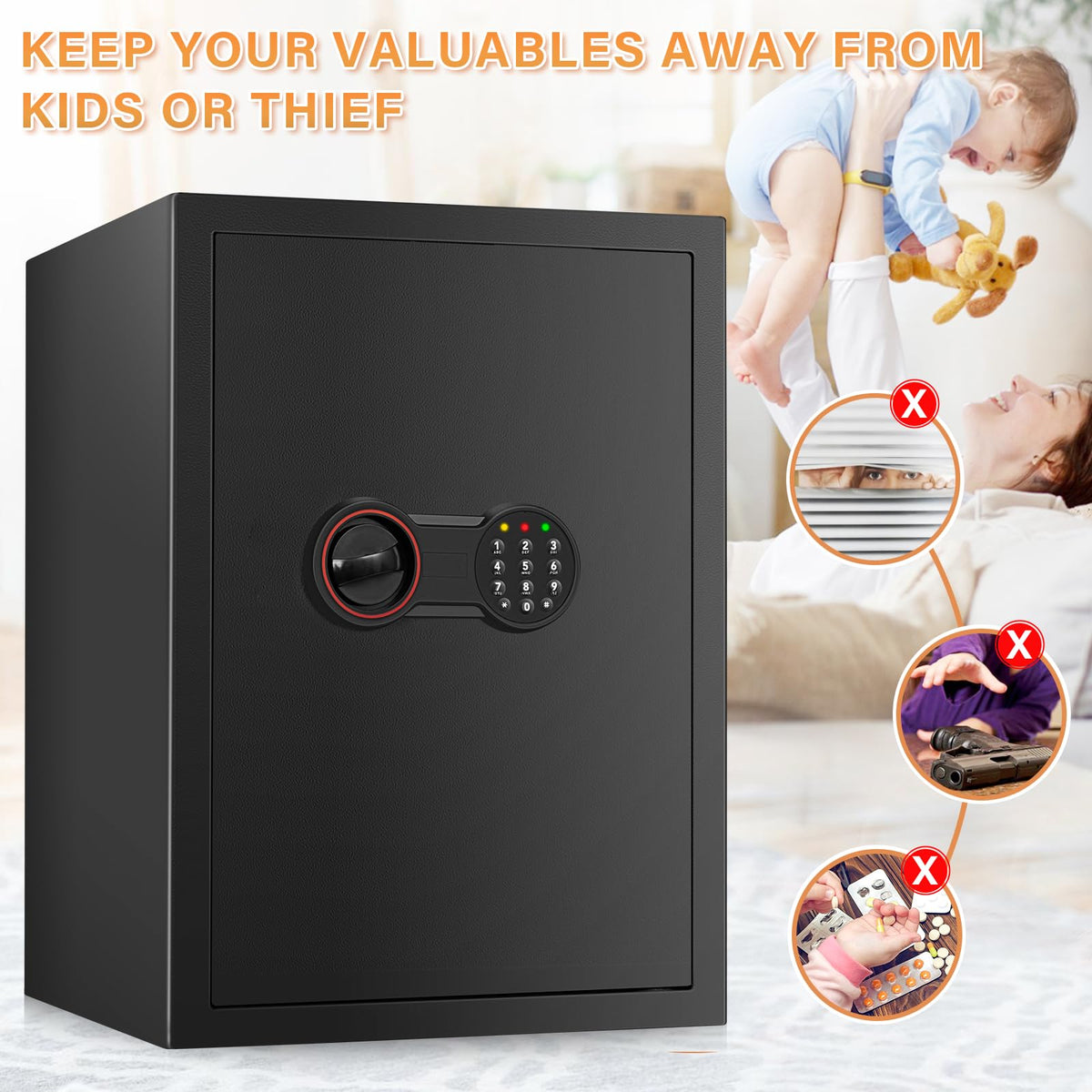 3.3 Cub Large Home Safe Fireproof Waterproof, Anti-theft Fireproof Safe Box with Programmable Keypad, Spare Keys and Removable Shelf, Digital Security Safe for Home Money Firearm Documents Medicines
