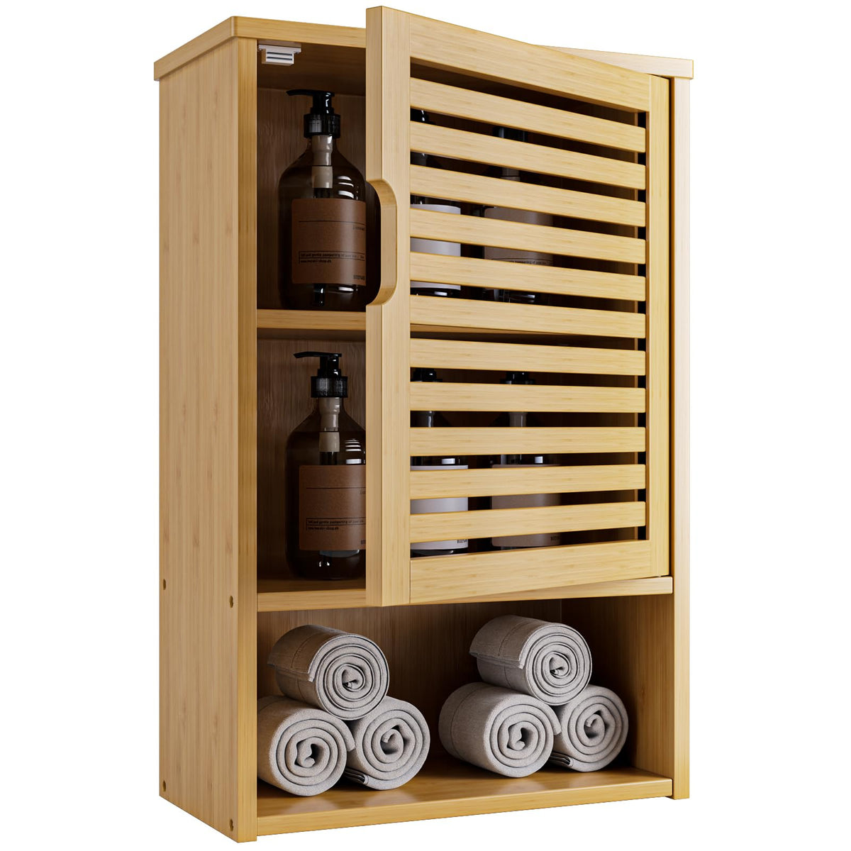 HITNET Bathroom Wall Cabinet, Medicine Cabinet Over the Toilet, Bamboo Hanging Storage Organizer with Single Door and Open Bottom Shelf, for Kitchen Living Room, Natural